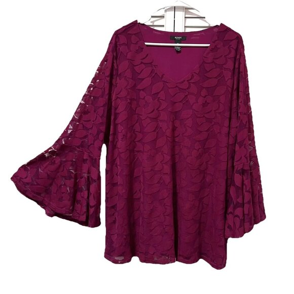 NWT Alfani Blouse Plus 3x Magenta Lace Bell Sleeves V Neck Stretch - Picture 2 of 15